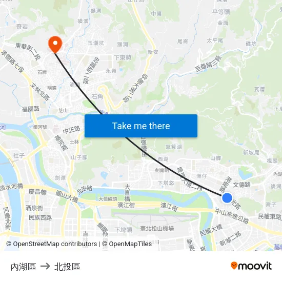 內湖區 to 北投區 map