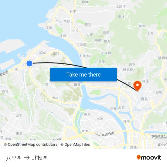 八里區 to 北投區 map
