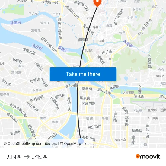 大同區 to 北投區 map
