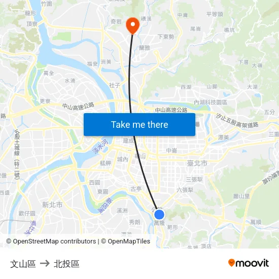 文山區 to 北投區 map