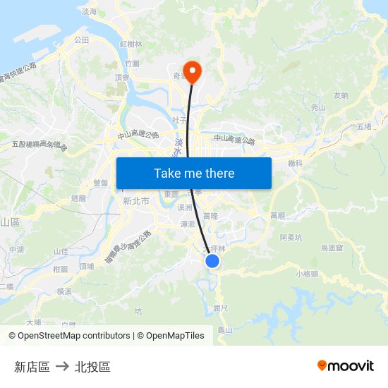 新店區 to 北投區 map