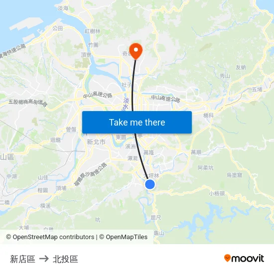新店區 to 北投區 map