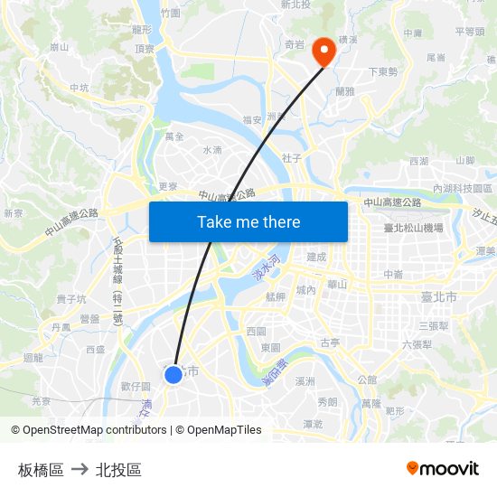 板橋區 to 北投區 map