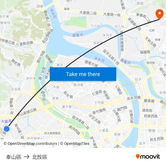 泰山區 to 北投區 map