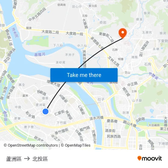 蘆洲區 to 北投區 map