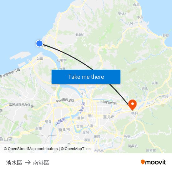 淡水區 to 南港區 map