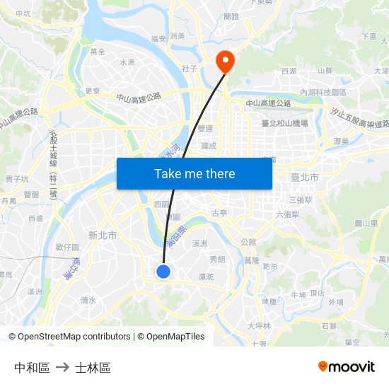 中和區 to 士林區 map