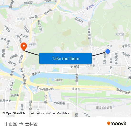 中山區 to 士林區 map