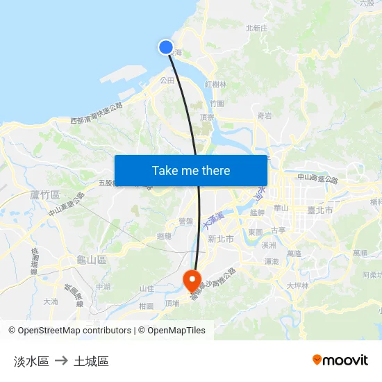 淡水區 to 土城區 map