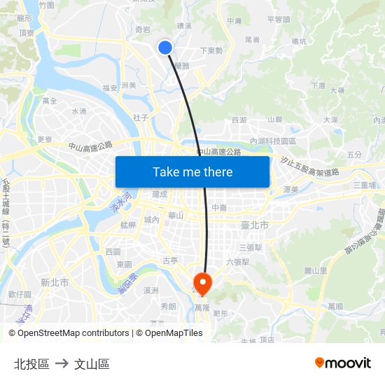 北投區 to 文山區 map