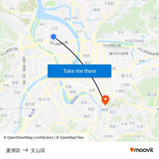 蘆洲區 to 文山區 map