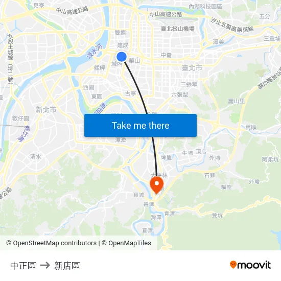 中正區 to 新店區 map