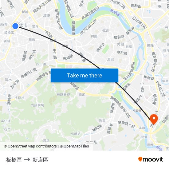 板橋區 to 新店區 map