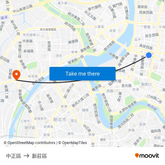 中正區 to 新莊區 map