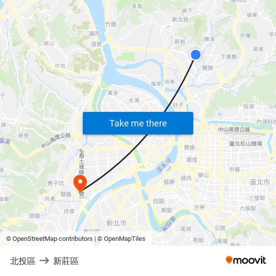 北投區 to 新莊區 map