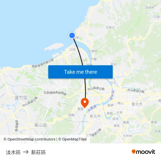 淡水區 to 新莊區 map