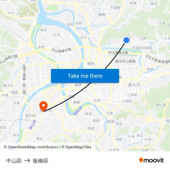 中山區 to 板橋區 map