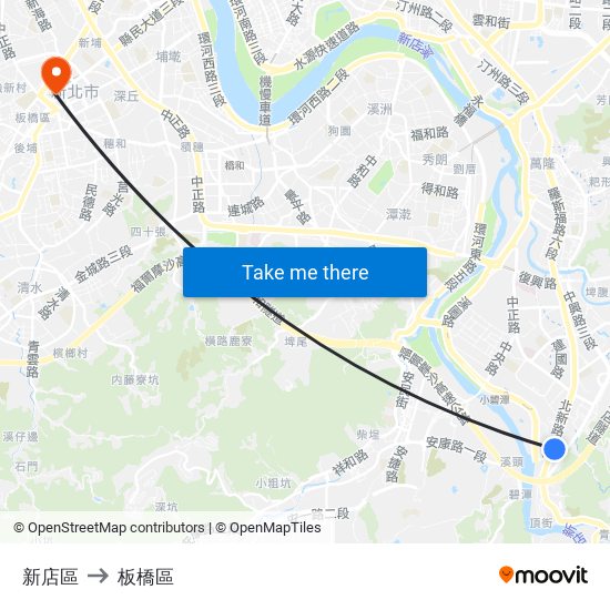 新店區 to 板橋區 map