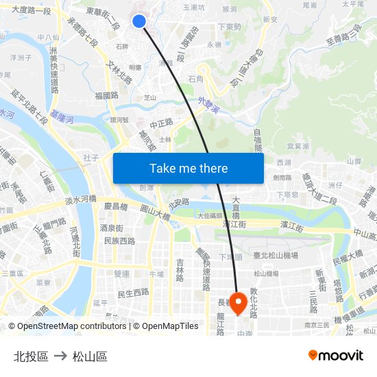 北投區 to 松山區 map