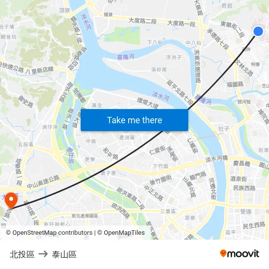 北投區 to 泰山區 map