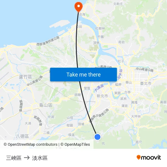 三峽區 to 淡水區 map