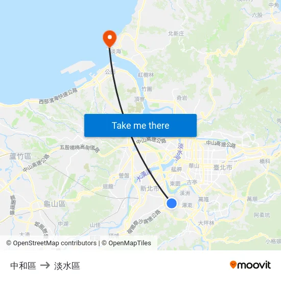 中和區 to 淡水區 map