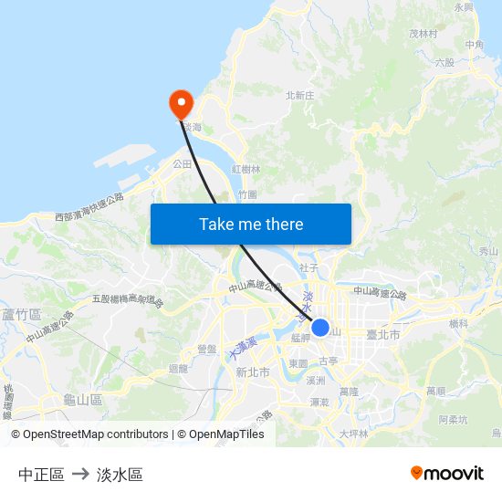 中正區 to 淡水區 map