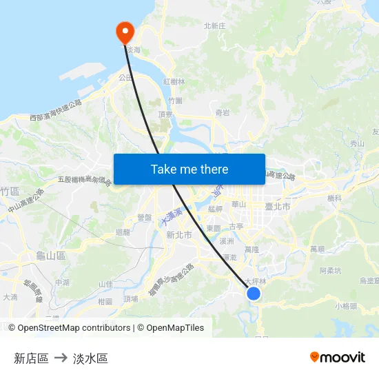 新店區 to 淡水區 map