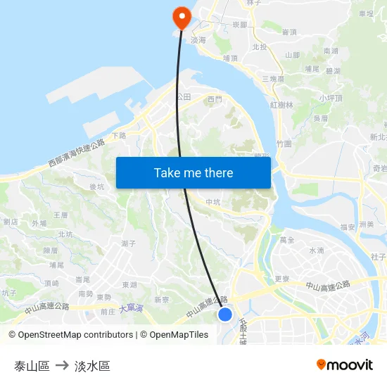 泰山區 to 淡水區 map