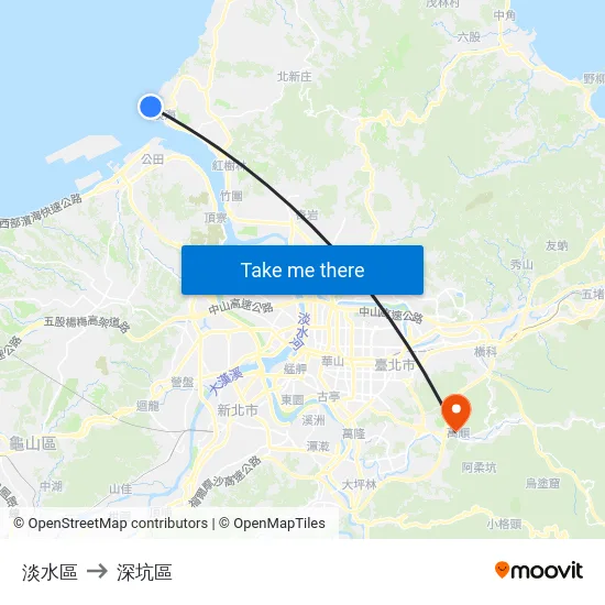 淡水區 to 深坑區 map