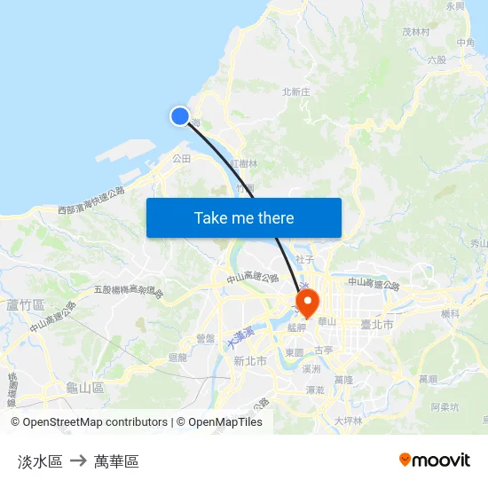 淡水區 to 萬華區 map