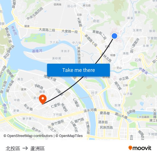 北投區 to 蘆洲區 map