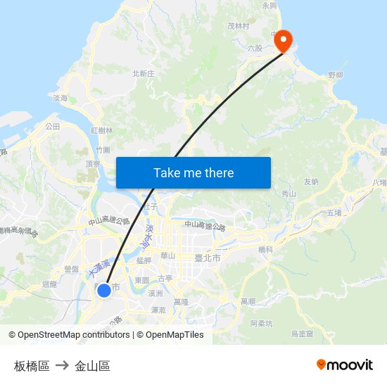 板橋區 to 金山區 map