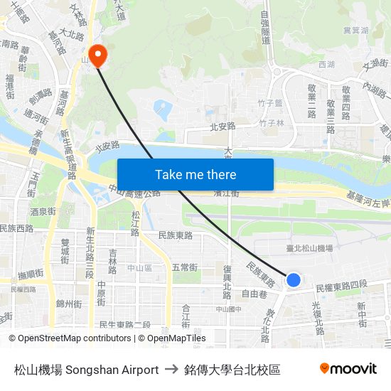 松山機場 Songshan Airport to 銘傳大學台北校區 map
