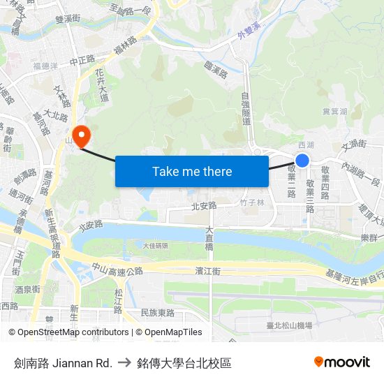 劍南路 Jiannan Rd. to 銘傳大學台北校區 map