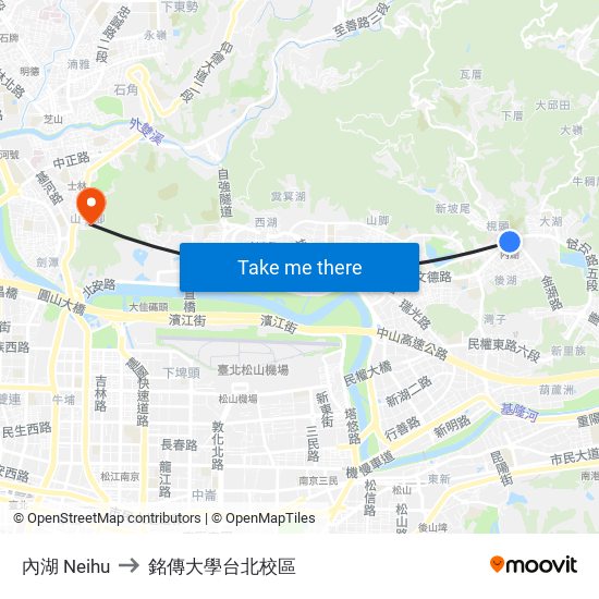 內湖 Neihu to 銘傳大學台北校區 map