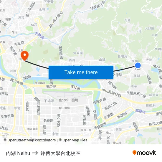 內湖 Neihu to 銘傳大學台北校區 map