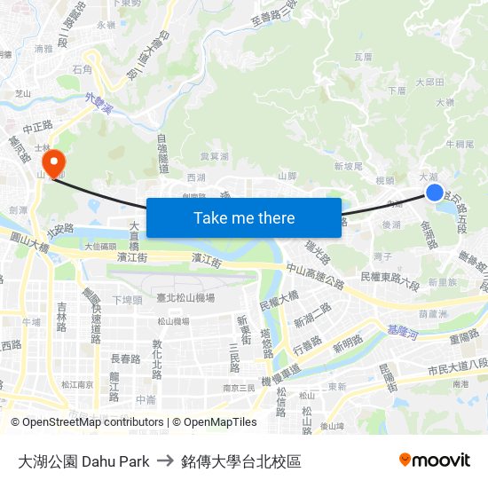 大湖公園 Dahu Park to 銘傳大學台北校區 map
