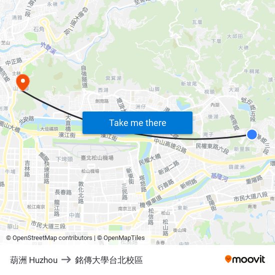 葫洲 Huzhou to 銘傳大學台北校區 map