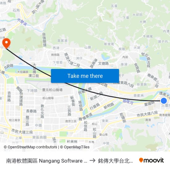 南港軟體園區 Nangang Software Park to 銘傳大學台北校區 map