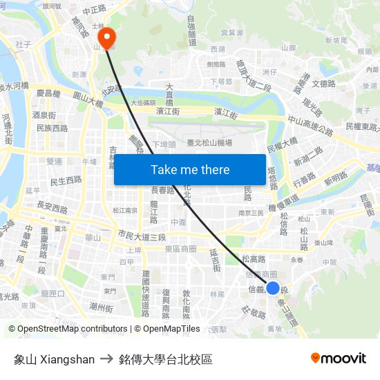 象山 Xiangshan to 銘傳大學台北校區 map