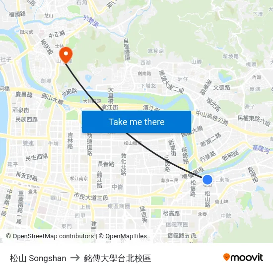 松山 Songshan to 銘傳大學台北校區 map