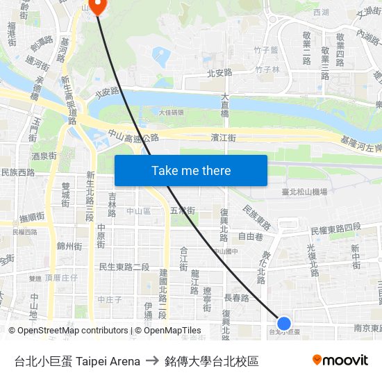 台北小巨蛋 Taipei Arena to 銘傳大學台北校區 map