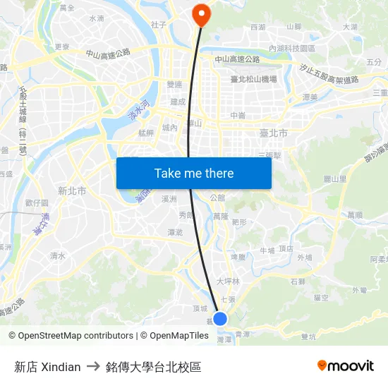 新店 Xindian to 銘傳大學台北校區 map