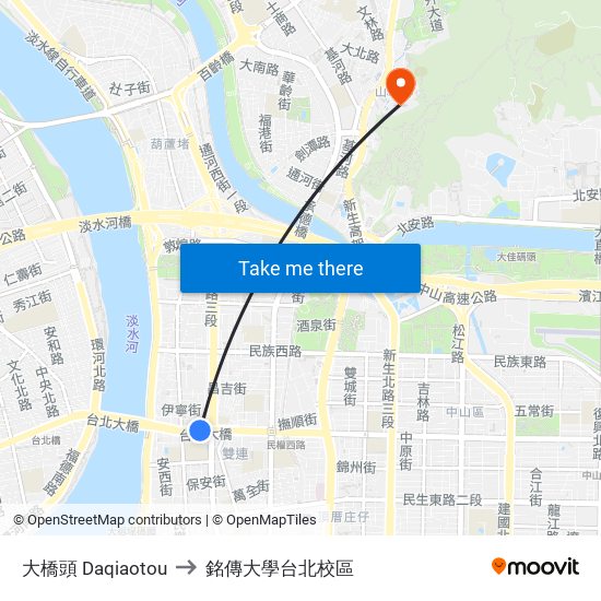 大橋頭 Daqiaotou to 銘傳大學台北校區 map