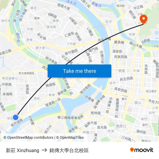 新莊 Xinzhuang to 銘傳大學台北校區 map