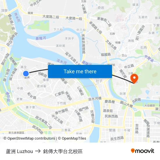 蘆洲 Luzhou to 銘傳大學台北校區 map