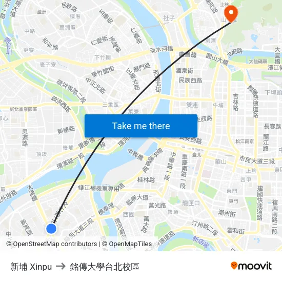 新埔 Xinpu to 銘傳大學台北校區 map