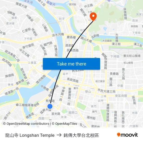 龍山寺 Longshan Temple to 銘傳大學台北校區 map