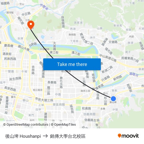 後山埤 Houshanpi to 銘傳大學台北校區 map